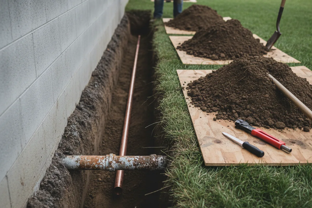 Excavated water line trench during Water Softener Installation in Bridger